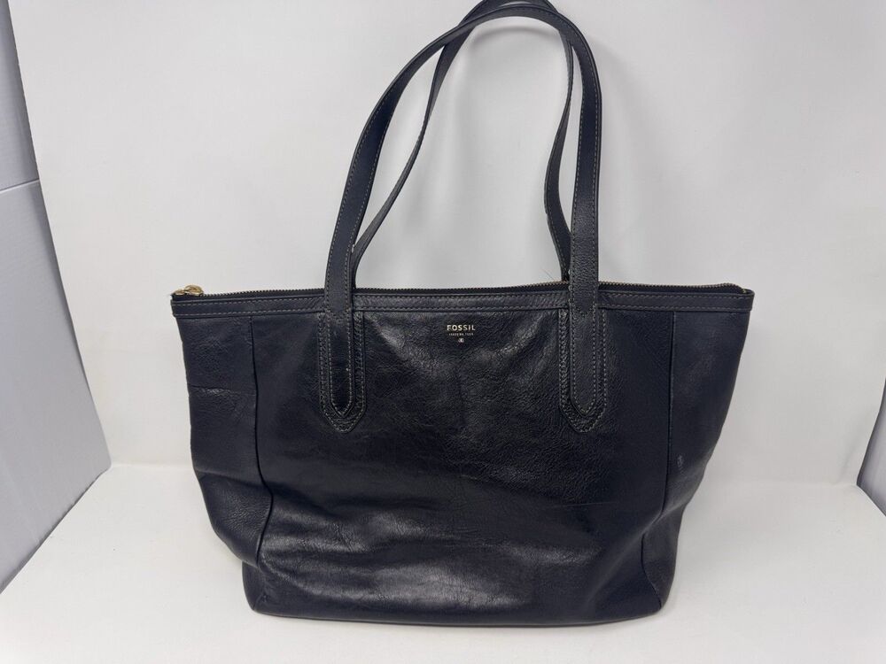Fossil Black Leather Tote Bag Shoulder Business Issue No 1954 Zip Top 17”x10”x6”